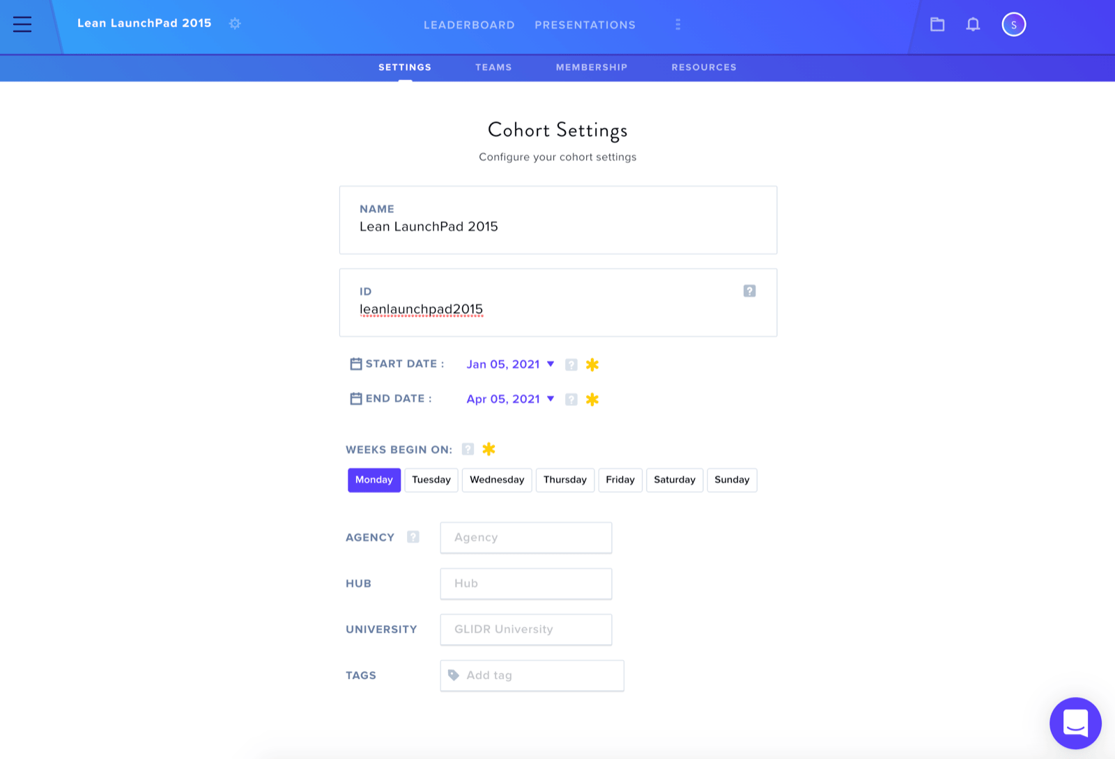 Cohort settings