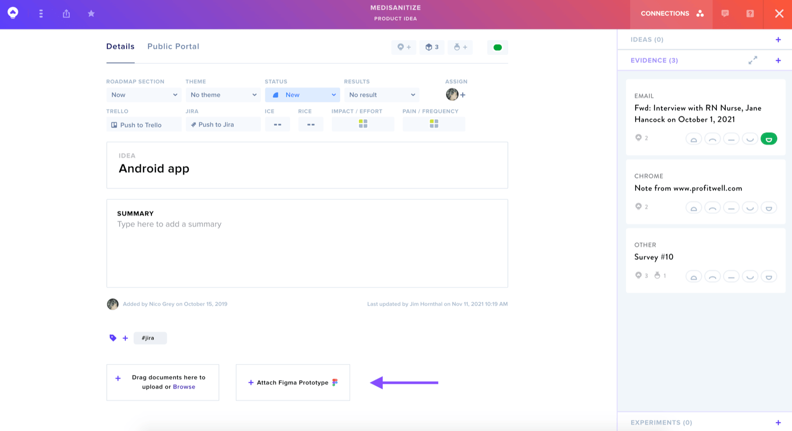Attach a Figma prototype to an idea card