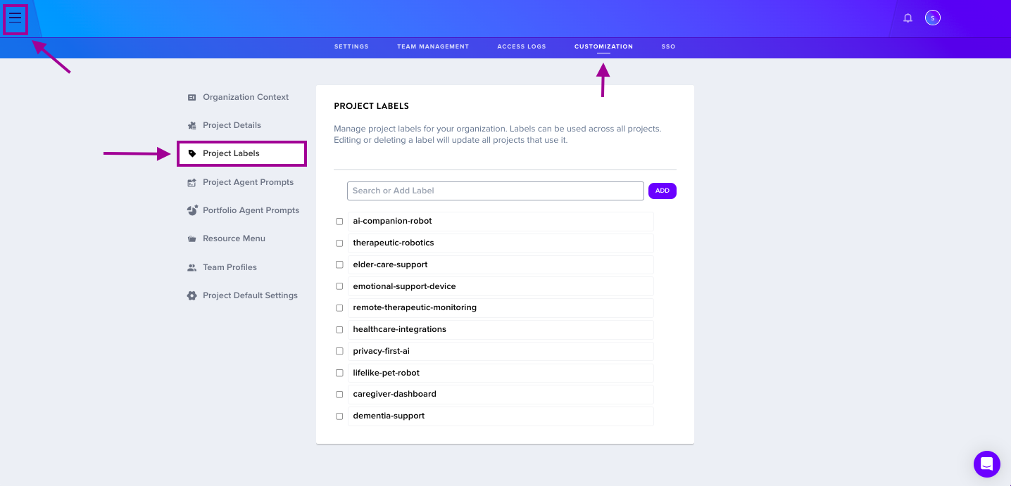 Organization label settings