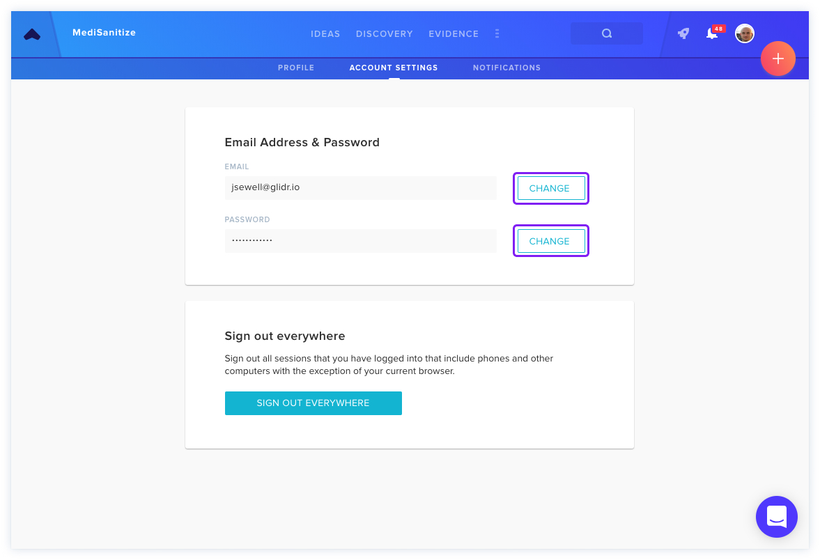 Change email or password from Account Settings