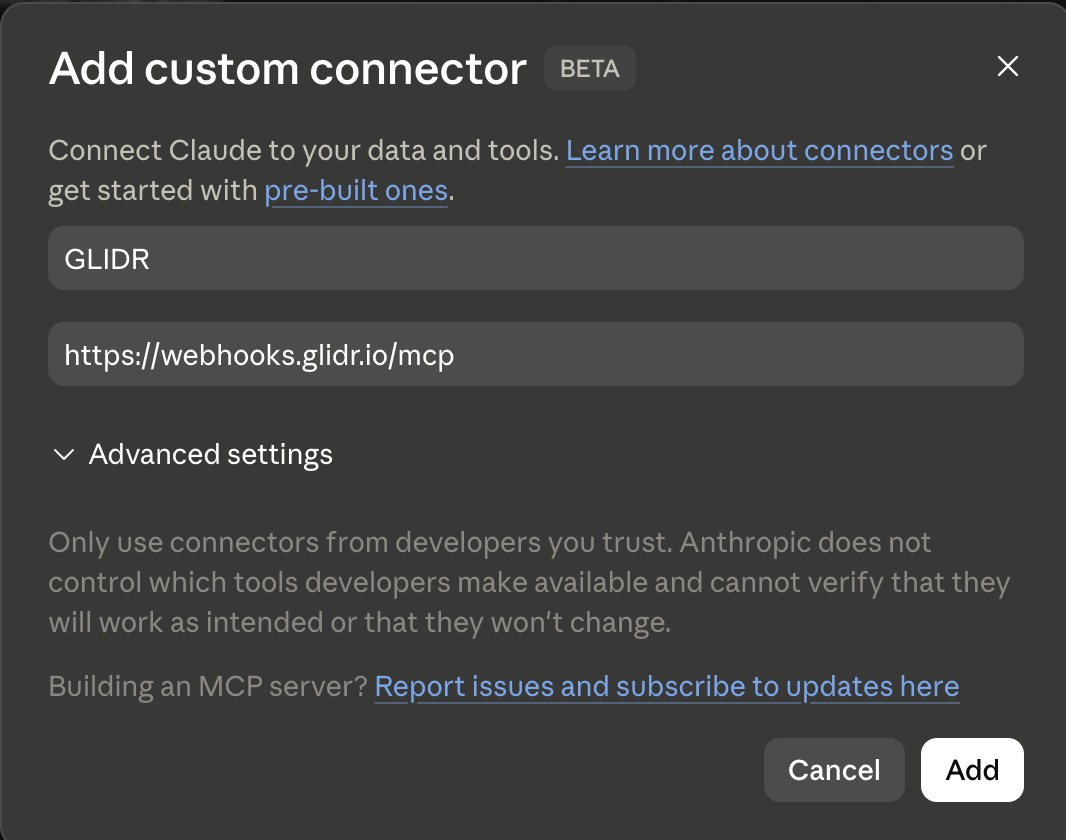 Add custom connector dialog with GLIDR name and URL
