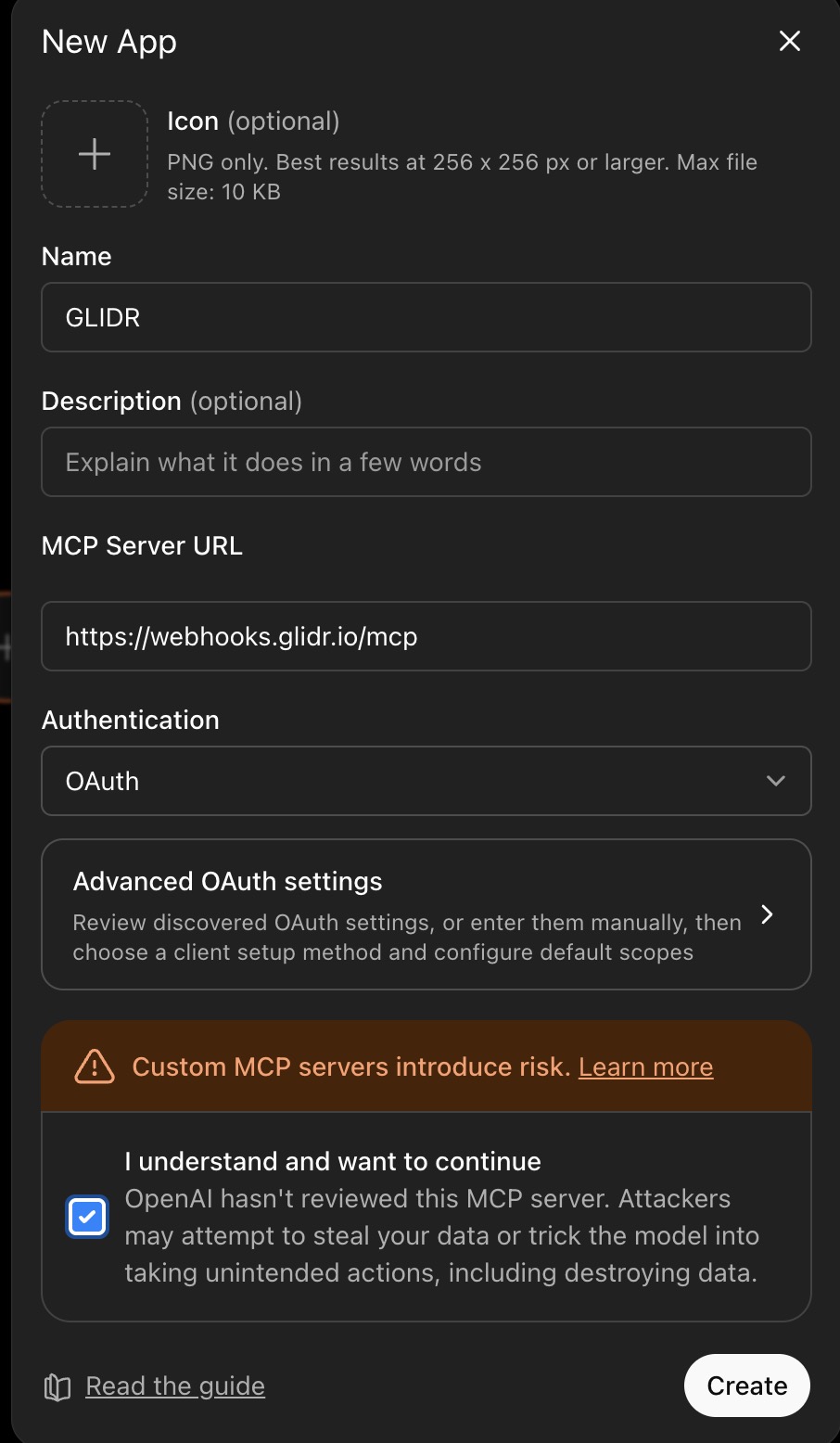 New App dialog filled in with GLIDR name and connection URL