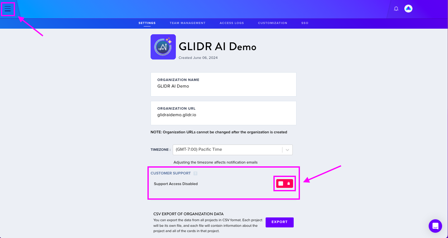 Customer support access toggle