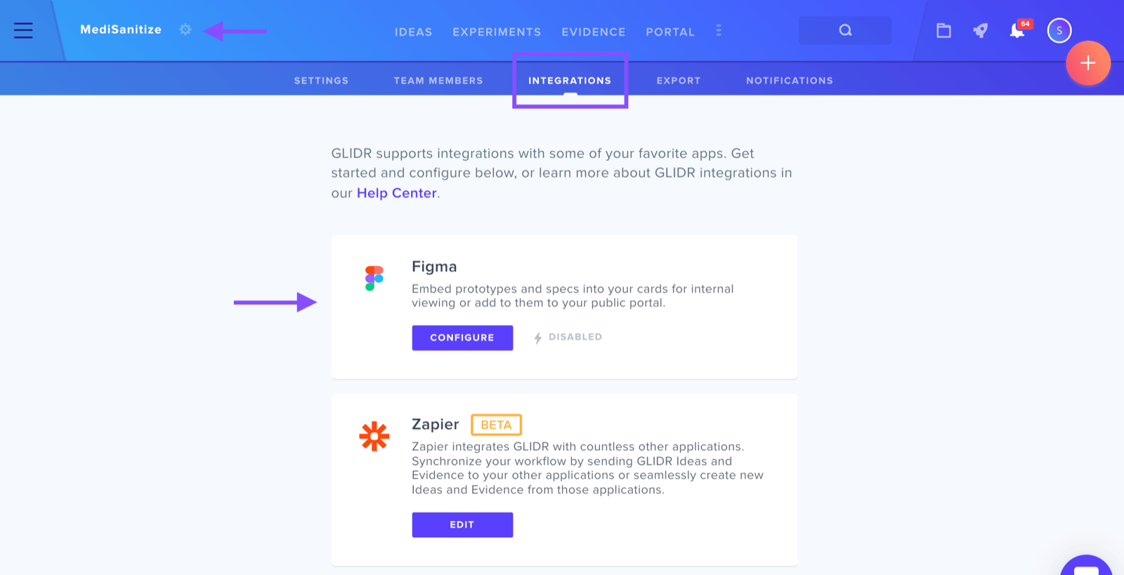 Integrations settings page