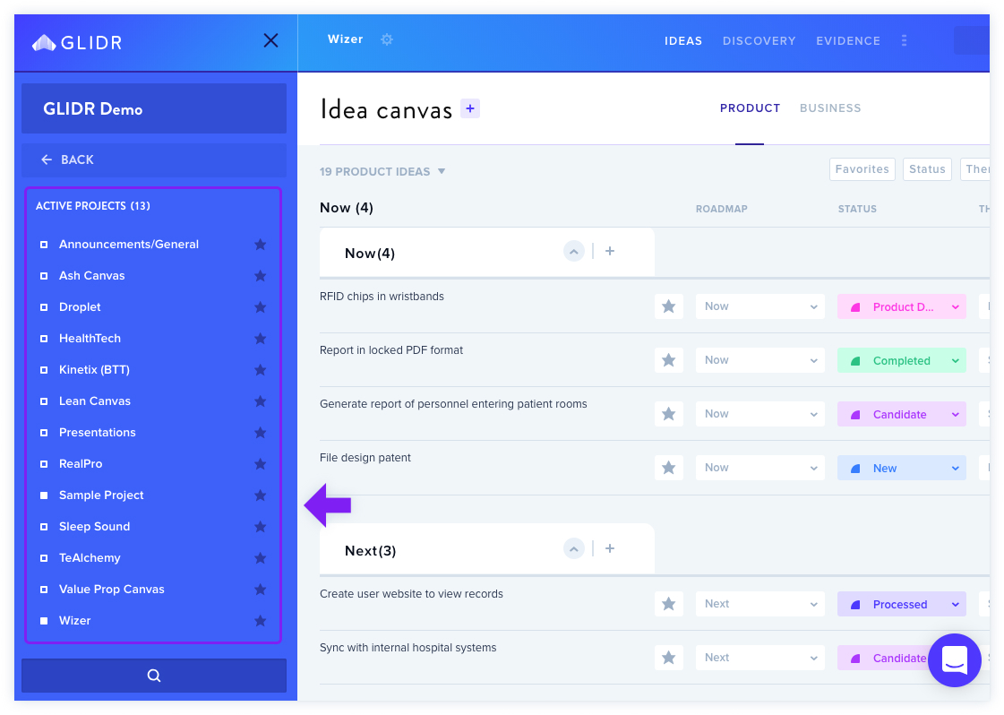 Your projects in the sidebar