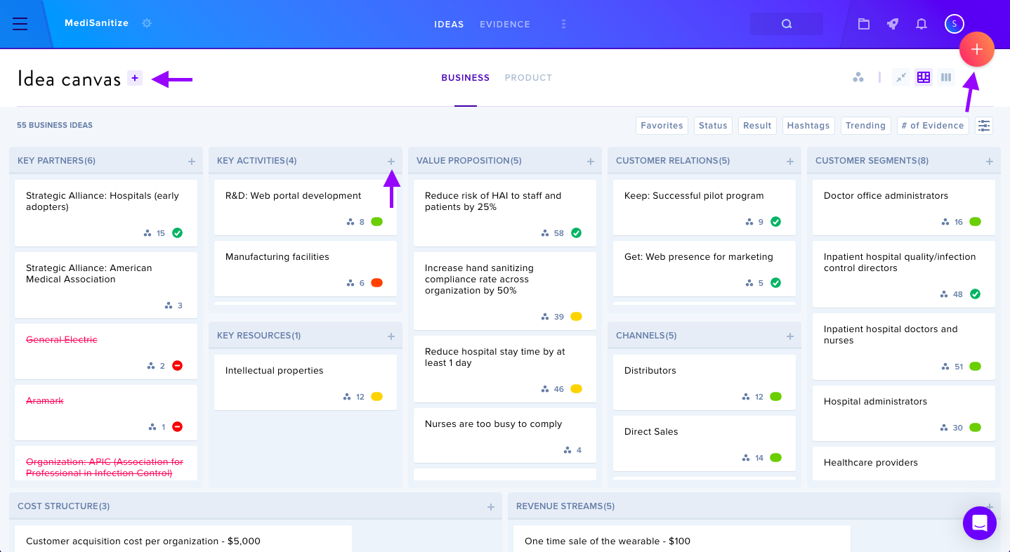 Adding an idea from the + buttons