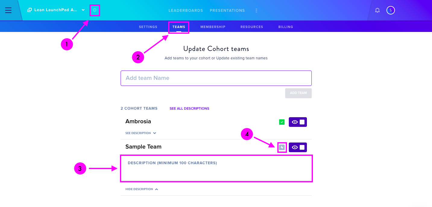Sample team generation interface