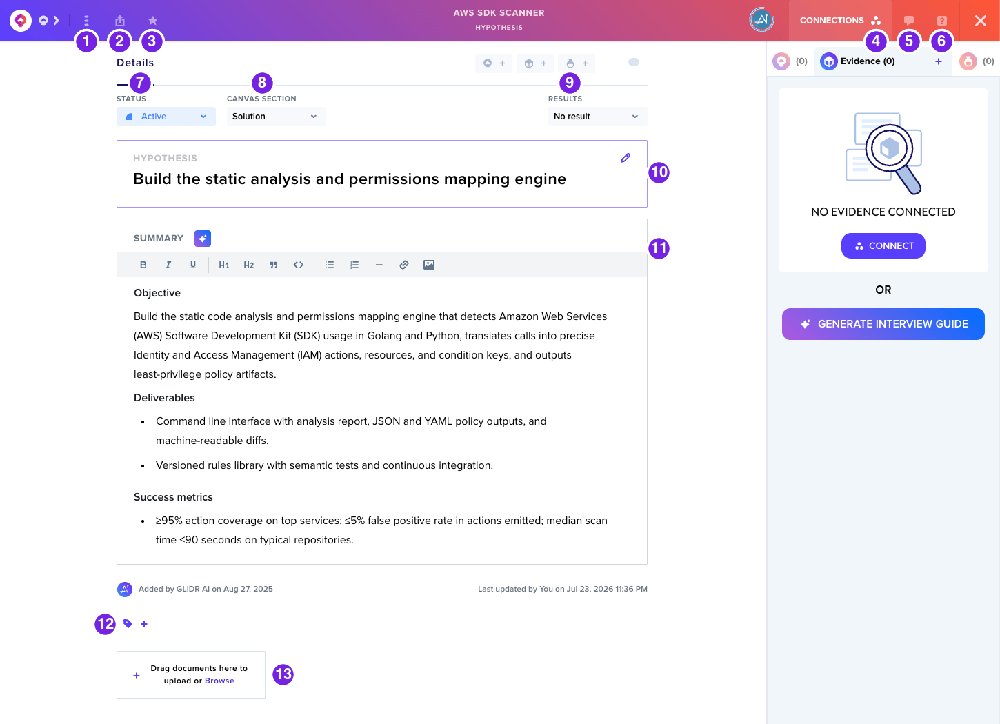 Hypothesis card interface