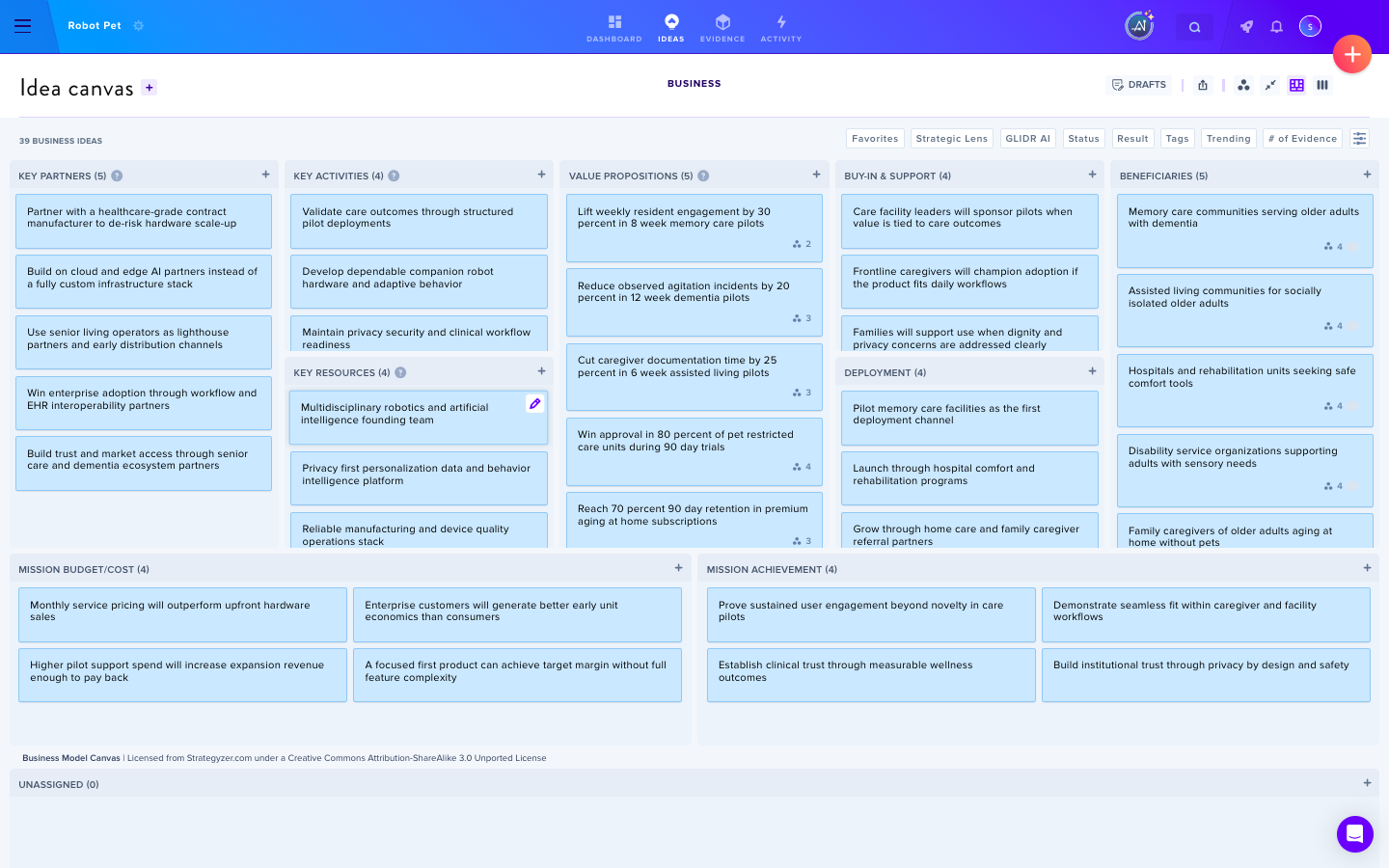 The Mission Model Canvas view in GLIDR