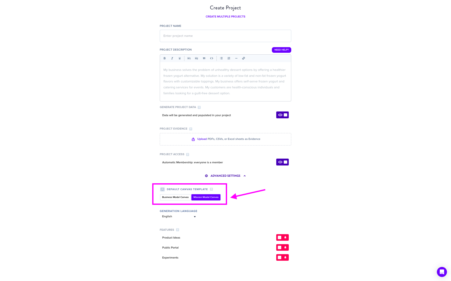 Selecting Mission Model Canvas as the default template