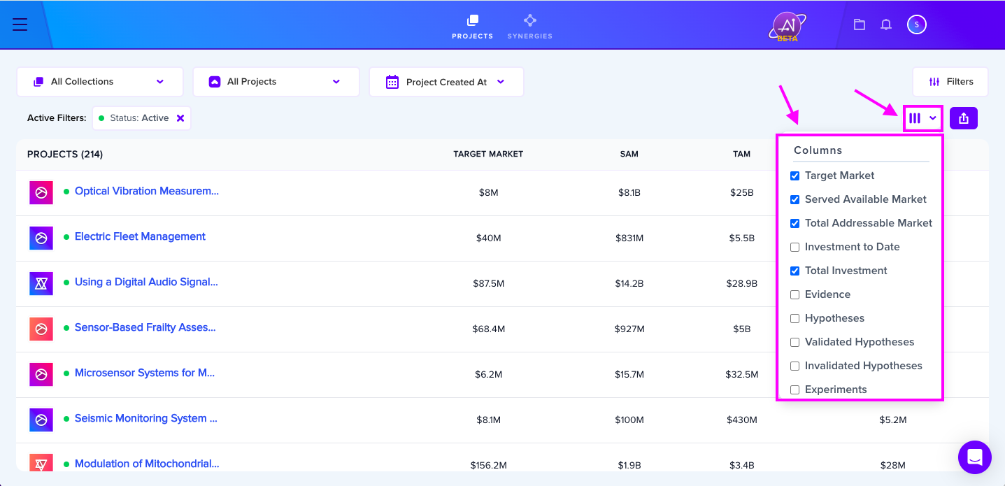 The Export menu with CSV and PDF options