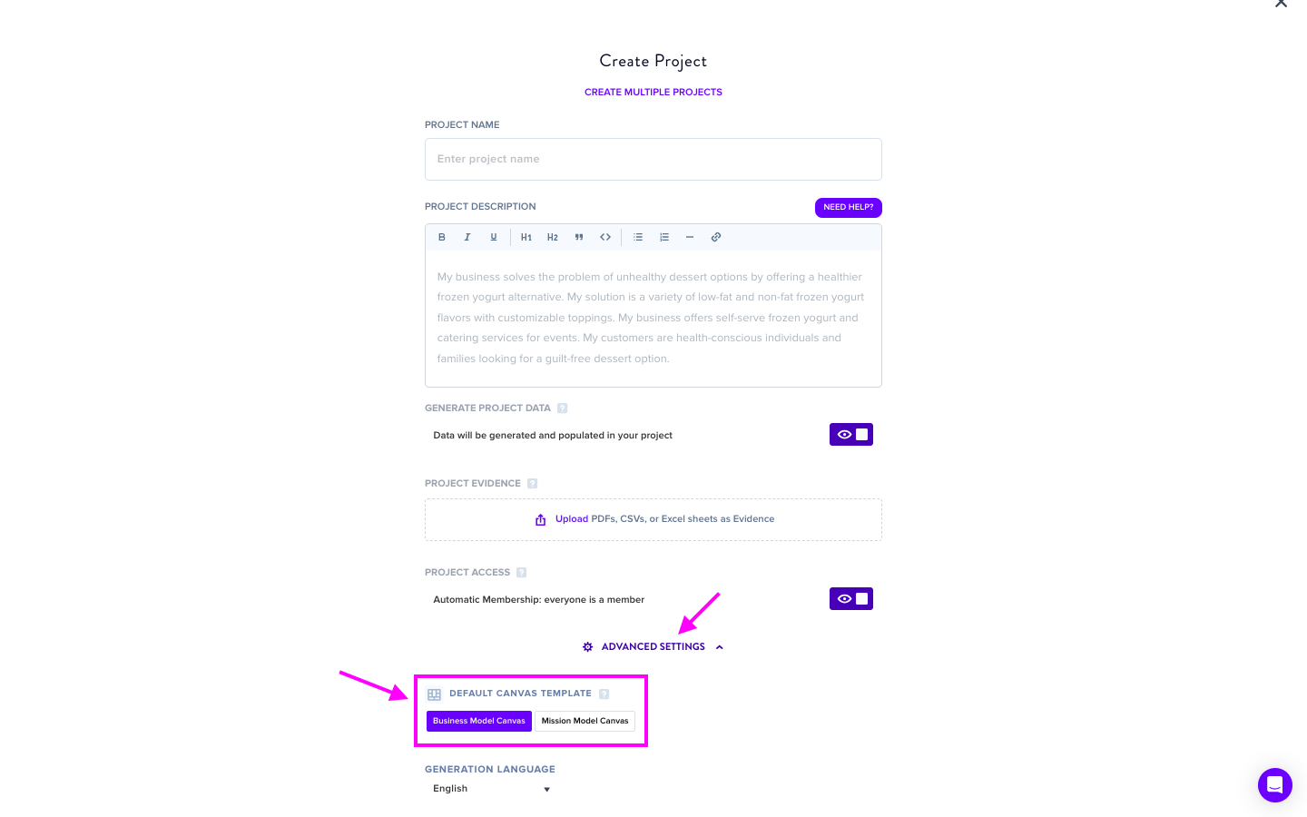 Project canvas template