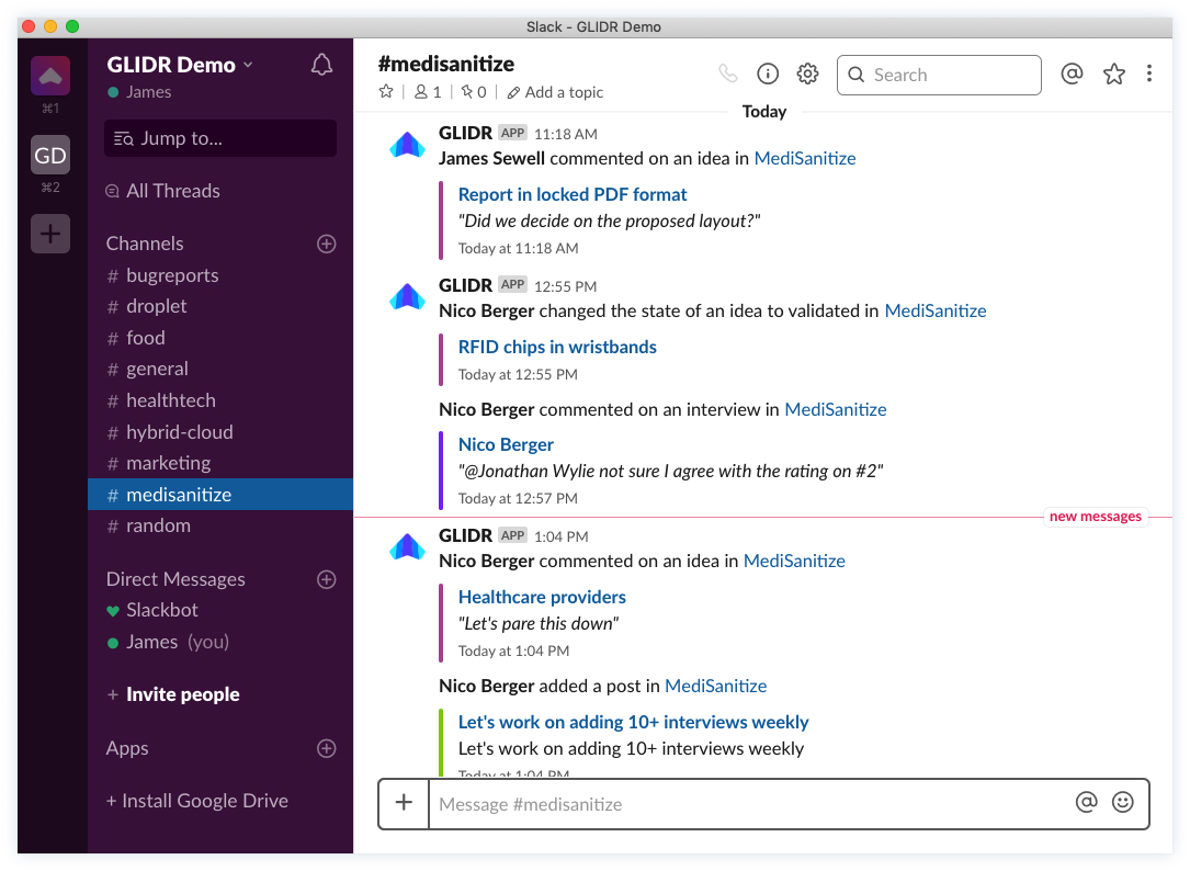 Slack channel showing GLIDR updates