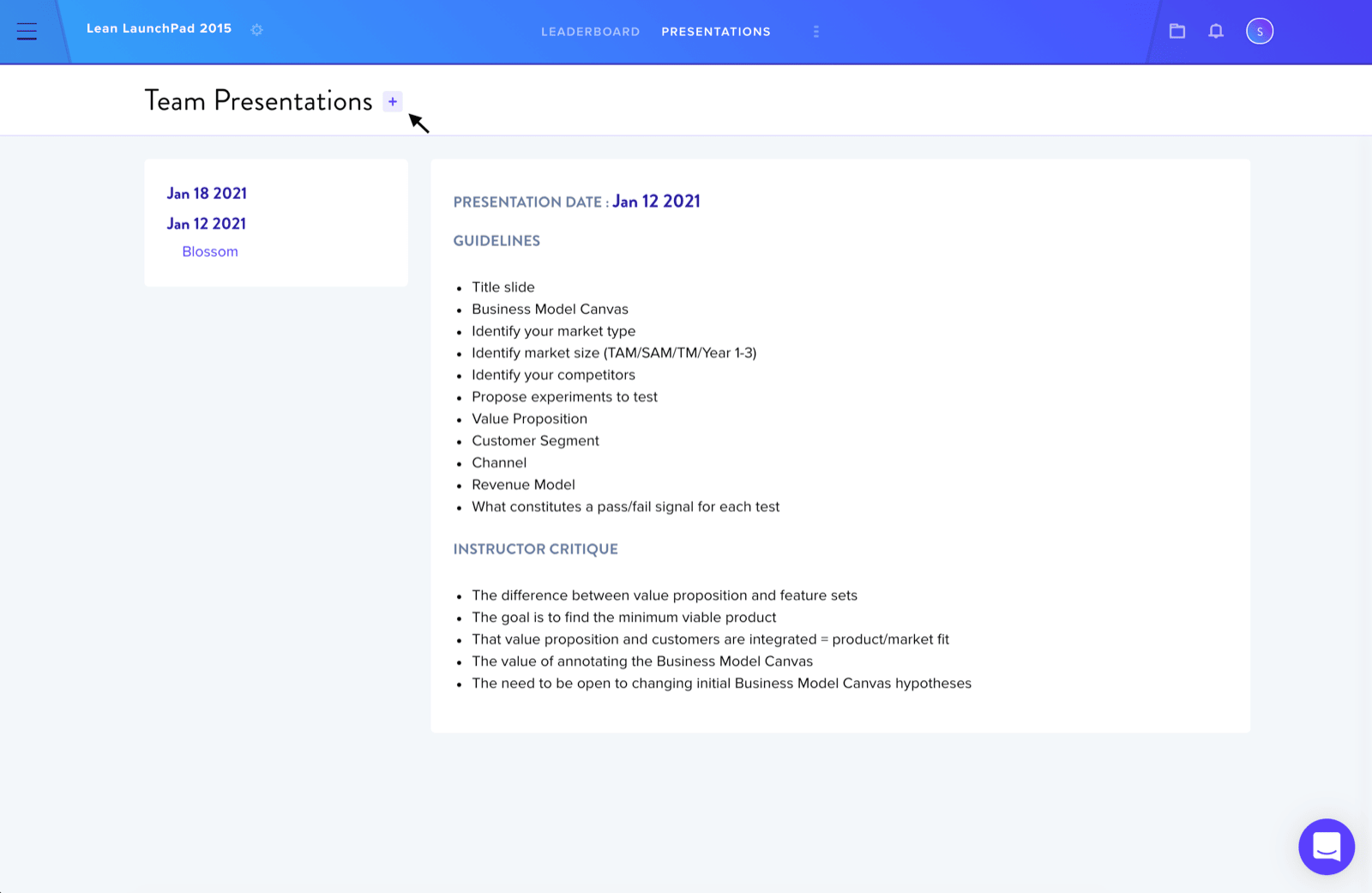Presentations tab